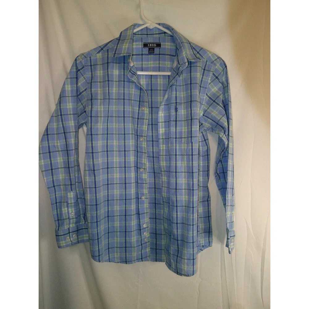IZOD Boys Plaid Button‎ Down Shirt Long Sleeve Blue Green Size L 14/16